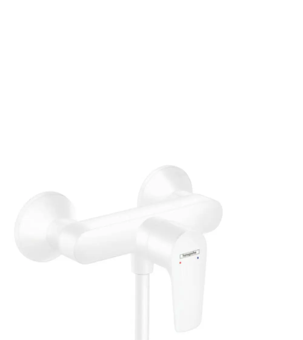 Weißer wandmontierter Einhebel-Brausemischer von Hansgrohe mit ergonomischem Griff. Eingebautes Temperaturanzeigesymbol in Blau und Rot.